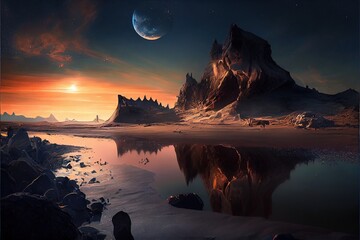 Wall Mural - a deserted abstract colorful alien landscape. alien planets during sunrise. a beautiful landscape on