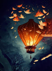 Wall Mural - Sky Lantern Festival, Chinese, Thai flying lanterns. Poster and banner background stock illustration Lantern, Mid-Autumn Festival, Backgrounds, Chinese New Year