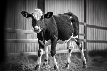 Poster - Young calf at a dairy farm that is black and white. newborn calf of a cow. Generative AI