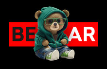 The Bear Stands Dressed In A Green Sweater With A Hood, Jeans, Sneakers And Sunglasses On His Face. Vector Illustration