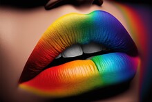 Close Up Of Caucasian Woman Perfect Lips With Rainbow Lipstick. LGBT, Lesbian Love And Pride Concept