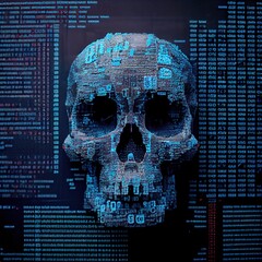 Portrait of a digital skull in the style of a sci-fi cyberpunk. The concept of hacking, virtual reality and cyberpunk. Generative AI Art.