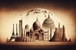 World landmarks and cities skyline photo collage on sepia textured background, travel, tourism and study trip around the world concept, vintage postcard. Generative AI