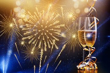 Canvas Print - new year background with champagne glasses and fireworks