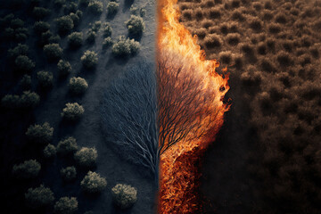 Poster - Field and forest fire. Burning dry grass is an act of nature. view from above. The earth is coated in a dark coating of ash and burning material after the fire. look down vertically. separation in the