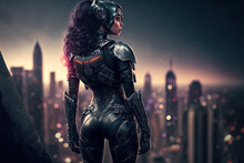 Cyborg Woman Perched On Her Haunches On The Edge Of A Towering Building's Concrete Roof, Gazing Down Over The City At Night. Sci Fi Gal With Jet Pack And Helmet Wearing Futuristic Black Armor Suit