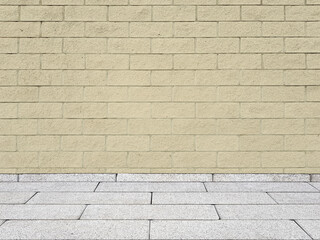 Brick wall with regular shapes and a rough surface. Empty background facade building with sidewalk.