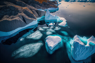 Wall Mural - drone aerial photo of icebergs depicting climate change and global warming. icebergs from a melting 