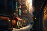 Fototapeta Uliczki - A narrow street in Istanbul with shops and a coffee shop overlooking the Galata Tower. Turkish traditional old view of Istanbul. AI