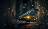 Fototapeta Dmuchawce - Flittering fireflies flying in the night Fantasy enchanted forest. Fairy tale concept.	