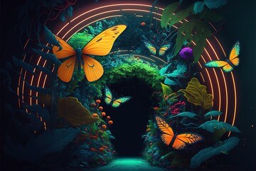 Wall Mural - Plant light neon tunnel with butterflies. Abstract neon background with flowers and butterflies. Abstract fantasy floral sci-fi neon portal. Flower plants with neon illumination. AI