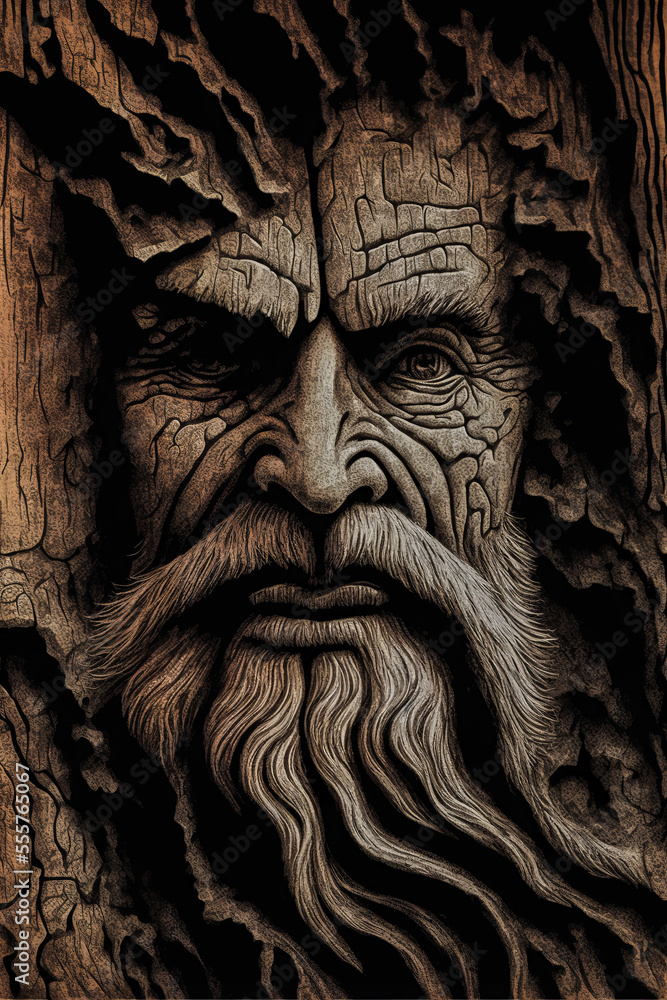 An ancient and mysterious face in the trunk of a thousand-year-old tree ...