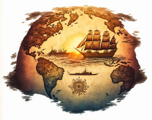 Discover This Vintage Sphere-shaped World Map Adorned With Antique Ships. Evoke Exploration And Pirates, The Flora Of New Lands, With This Unique Retro Style.