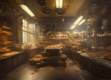The Interior Of An Old Bakery With A Large Oven In The Center Of The Room. With Shelves Stocked With Baking Supplies And Large Wooden Tables, Covered In Bread And Pastries. Generative Ai Illustration.