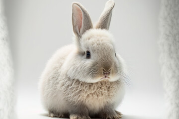 Poster - Cute bunny in closeup on a white setting. Look to the front as you turn. Generative AI