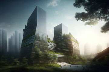 Poster - Chinese city of Chongqing's research and technology park has greenery around its business towers. Generative AI