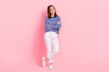 Poster - Full length photo of gorgeous glad person toothy smile folded arms isolated on pink color background