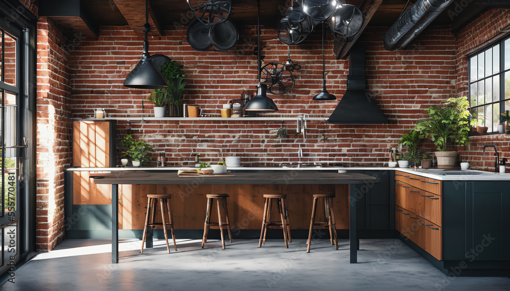 Image showcasing Kitchen in the loft style, characterized by an open and spacious layout ...
