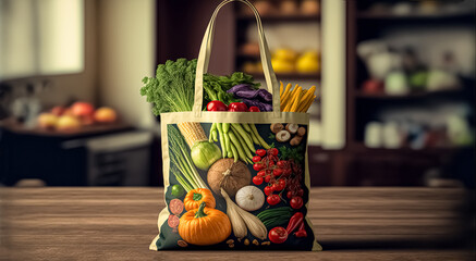 Eco friendly reusable shopping bag with vegetables on a wooden table against the backdrop of the Kitchen