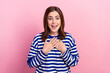 © deagreez - Photo of impressed cheerful girl beaming smile arms touch chest cant believe isolated on pink color background