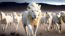 Lion King , Wildlife Animal. A Flock Of White Lions In The Savannah On A Hot Day. Digital Art