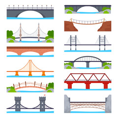 Wall Mural - Bridges flat icons set. Structure carrying road, path, railroad across river. Passage to other coast