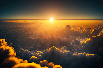 Canvas Print - Beautiful sunset aerial image above the clouds. View from an aircraft. Generative AI