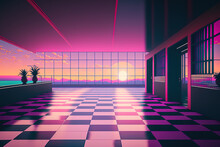 Beautiful Artwork Of A Neon Sky Setting And A Checkered Tile Floor With A Summery Purple, Pink, And Green Mood. Generative AI