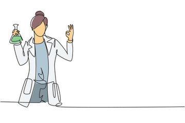 Wall Mural - Single continuous line drawing female scientist with gesture okay and holding measuring tube to examining chemical solution to make vaccine. Dynamic one line draw graphic design vector illustration