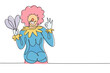 Continuous one line drawing female clown with gesture okay, wearing wig and smiling face makeup, entertaining kids at birthday party. Good perform. Single line draw design vector graphic illustration