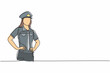 Continuous one line drawing of young beauty female police on uniform standing with hands on hip. Professional job profession minimalist concept. Single line draw design vector graphic illustration