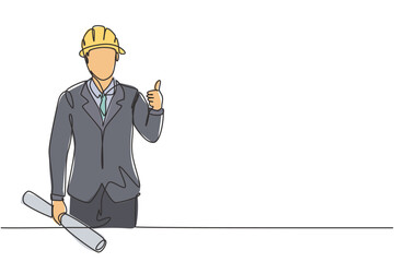 Wall Mural - continuous one line drawing the architect with a gesture of raising his thumb and wearing a helmet c