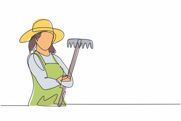 Wall Mural - Single one line drawing of young female farmer pose cross arm while holding fork. Professional work profession and occupation minimal concept. Continuous line draw design graphic vector illustration