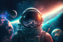 Background Of An Astronaut With Planets In Space. Generative AI