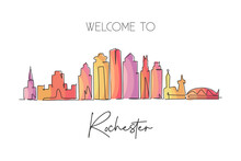 One Continuous Line Drawing Of Rochester City Skyline, Minnesota. Beautiful Landmark. World Landscape Tourism Travel Home Wall Decor Poster Print. Stylish Single Line Draw Design Vector Illustration