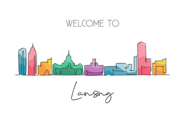 Single continuous line drawing of Lansing city skyline, Michigan. Famous city scraper landscape. World travel home wall decor art poster print concept. Modern one line draw design vector illustration