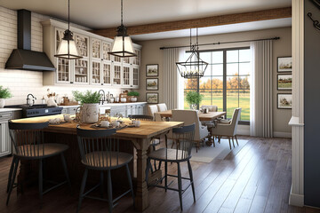 Beautiful farm house dining room and kitchen with a big island. Generative AI