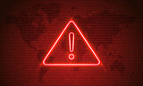 Attention Danger Hacking. Neon Symbol on Red Map Background. Security protection, Malware, Hack Attack, Data Breach Concept. System hacked error, Attacker alert sign computer virus. Ransomware. Vector