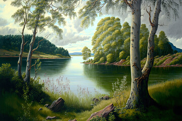 Wall Mural - Visual arts, oil paintings with a lake and trees, a landscape, great art. Generative AI