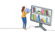 Continuous one line drawing female student reading book while standing in front of large monitor with bookshelf on screen. Mobile education concept. Single line draw design vector graphic illustration