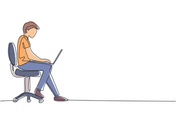 Single continuous line drawing young man with laptop sitting on the chair. Freelance, distance learning, online courses, and studying concept. Dynamic one line draw graphic design vector illustration