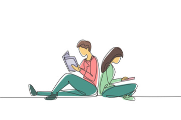 Wall Mural - Single continuous line drawing couple students reading together, learning and sitting at park. Literature fans or lovers, education concept. Dynamic one line draw graphic design vector illustration