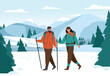 Winter hiking at mountains. Man and woman walking with equipment. Active lifestyle and extreme sports, climbers in nature. Characters skiing in forest concept. Cartoon flat vector illustration