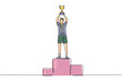 © Simple Line - Continuous one line drawing male athlete wearing sports jersey lifting golden trophy with both hands on podium. Celebrating victory of championship. Single line draw design vector graphic illustration