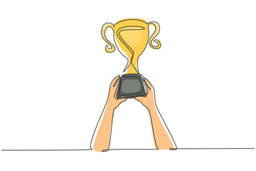 Wall Mural - Continuous one line drawing trophy is held by both hands. Symbol of winning championships, matches and sports competitions. Best achievement ever. Single line draw design vector graphic illustration