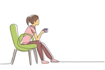 Poster - Single continuous line drawing young pretty girl sitting in modern chair, enjoying coffee in front of window at cozy home, side view concept. Dynamic one line draw graphic design vector illustration