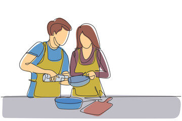 Wall Mural - Continuous one line drawing happy romantic couple pour oil into pan which is being held by one of them. Cooking preparation in cozy kitchen at home. Single line draw design vector graphic illustration