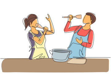 Wall Mural - Continuous one line drawing happy romantic couple singing while cooking together, using spatula and broccoli as microphones. Kitchen fun concept. Single line draw design vector graphic illustration
