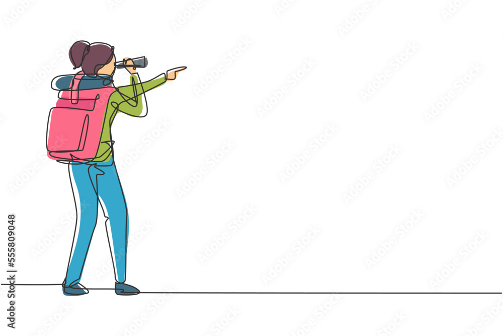 Continuous one line drawing female adventurer carrying backpack while ...