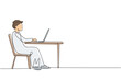 © Simple Line - Single one line drawing Arabian boy with laptop sitting on chair around desk. Distance learning, online courses, and studying concept. Modern continuous line draw design graphic vector illustration